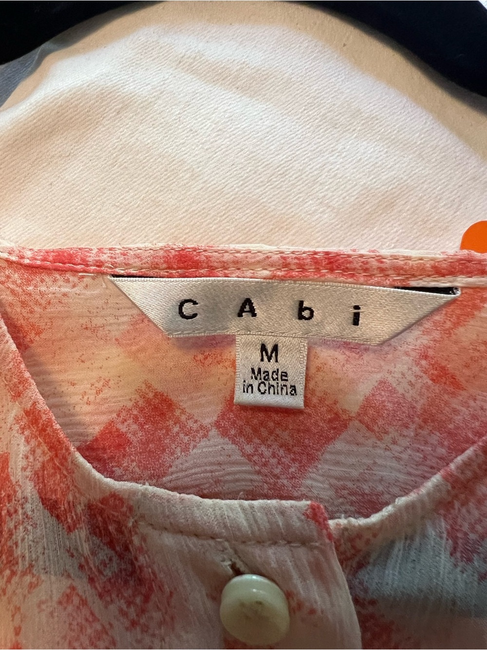 CAbi Emerson Blouse Coral-Pink Patterned Button Front Top - Picture 5 of 6